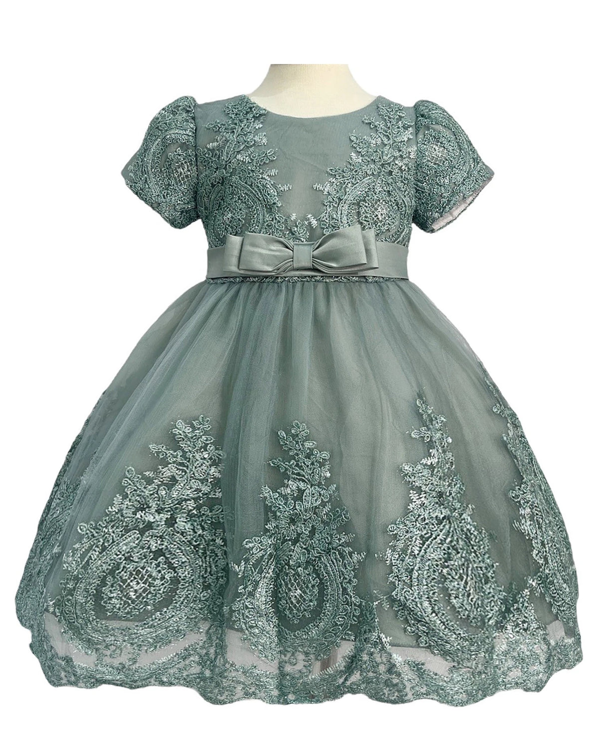 Green sage lace flower girl dress with a bow.