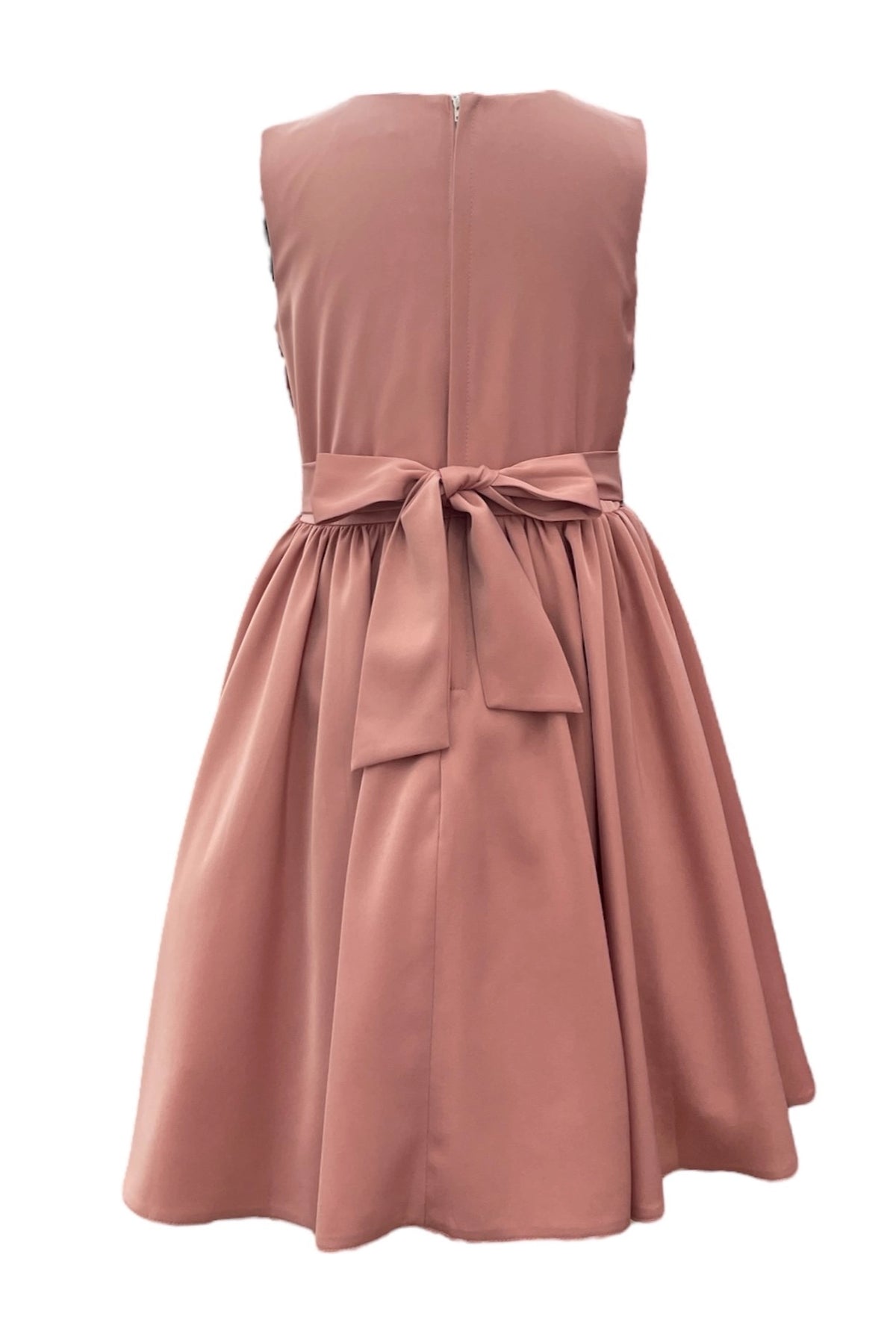 Showcasing with a tied waist sash, this Dusty Rose kids party dress displays elegant detail.