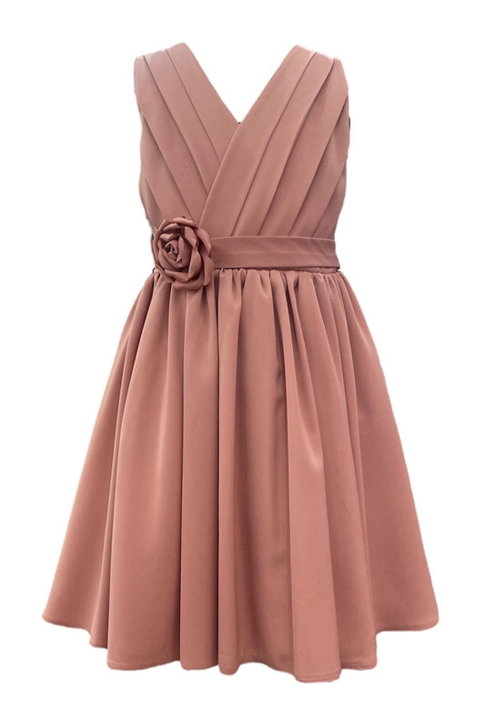 Finished details of diagonal bodice pleats distinguish the Dusty Rose kids party dress.