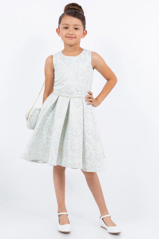Showcasing with floral jacquard texture, this Blue kids party dress displays elegant detail.