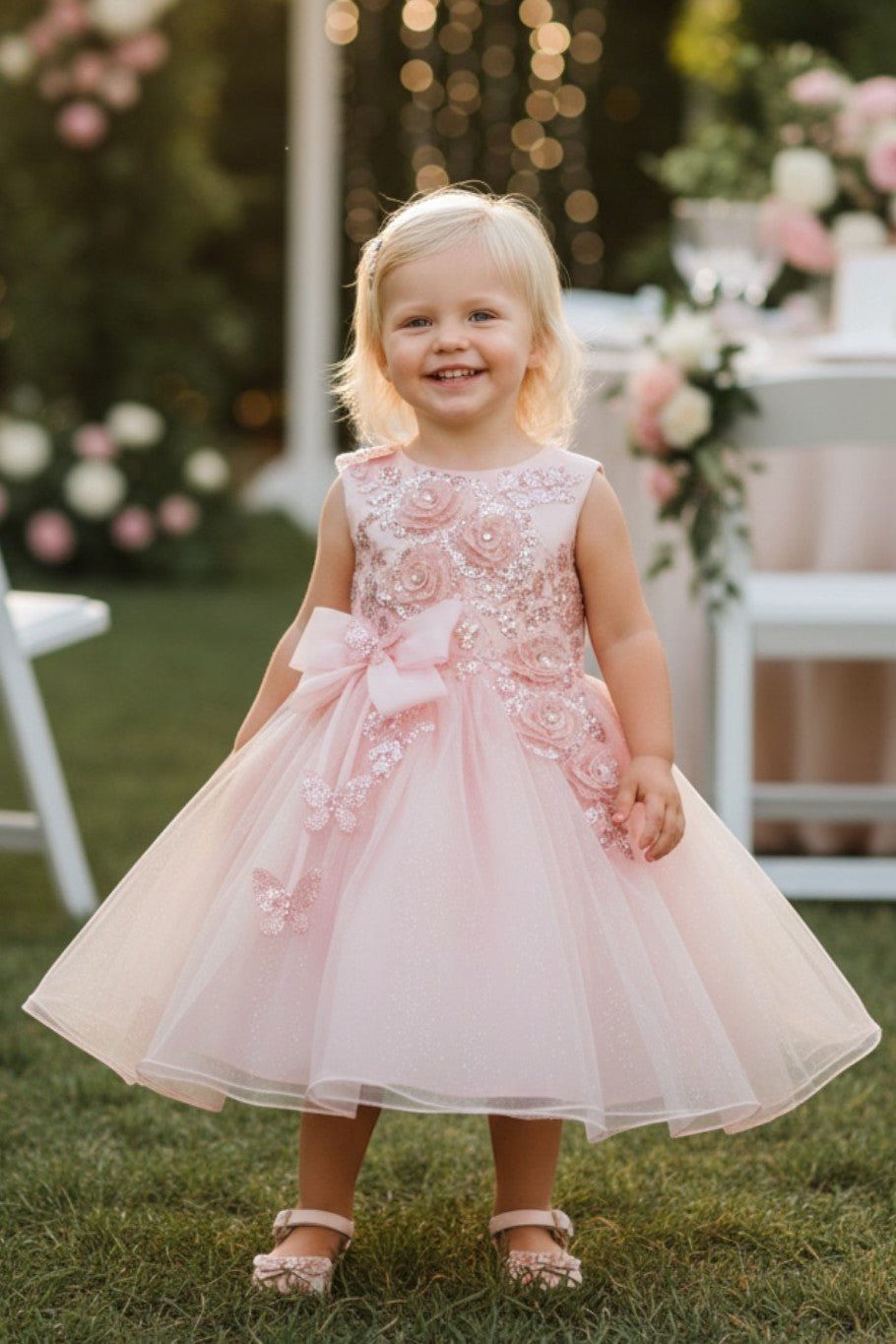 Kid Wearing Blush Flower Girl Dress Front View With Layered Skirt And Oversized Bow Detail
