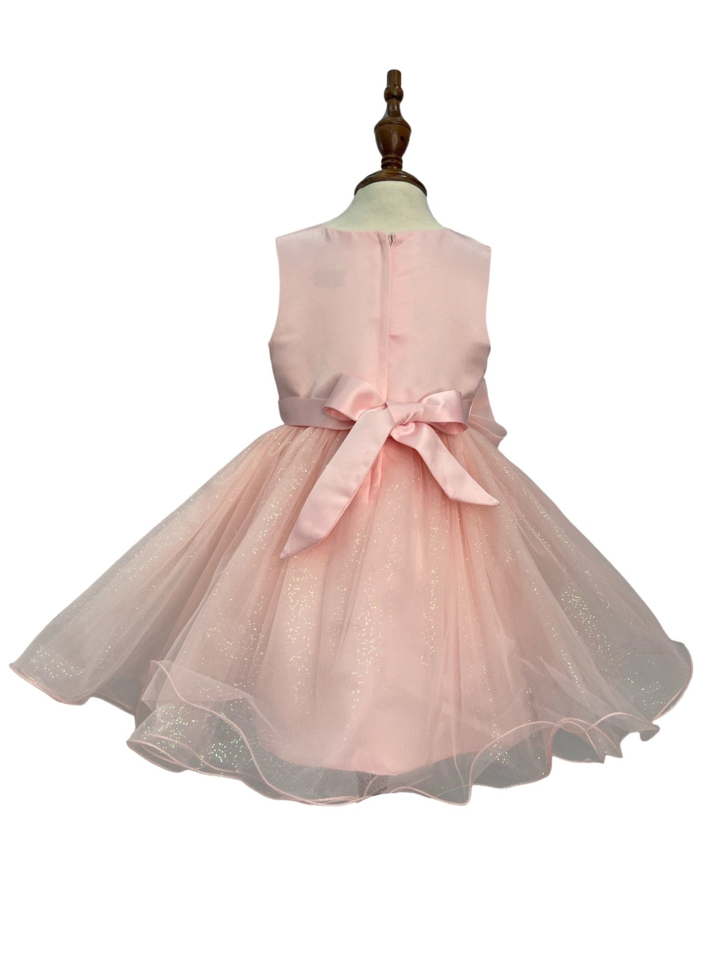 Blush dress back view highlighting full skirt and elegant silhouette