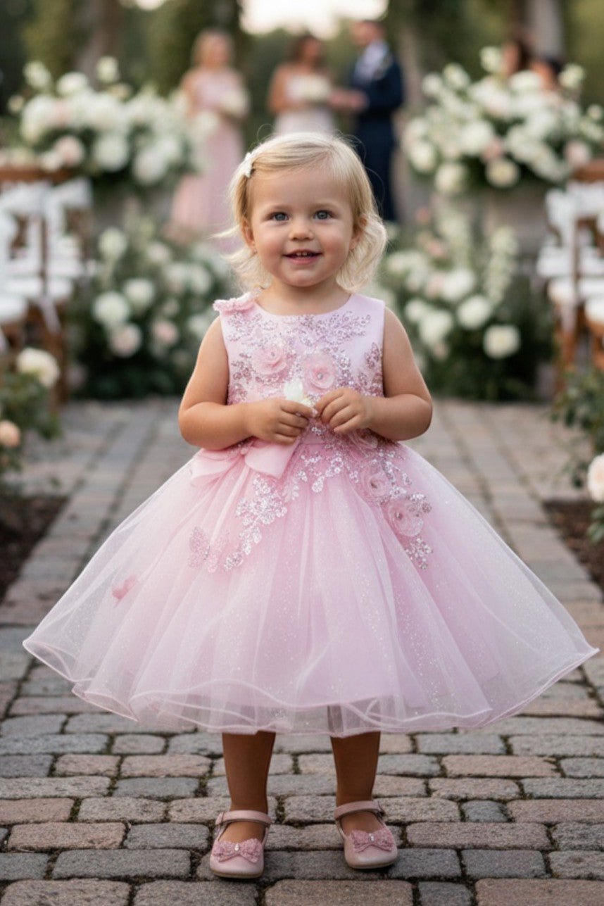 Kid Wearing Pink Flower Girl Dress Front View With Layered Skirt And Oversized Bow Detail