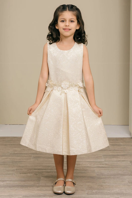 Showcasing with flowers clustered along the waist, this Ivory kids party dress displays elegant detail.