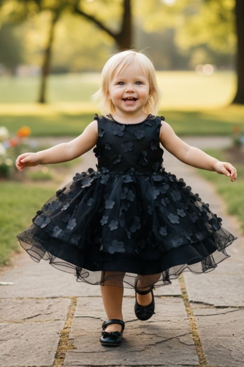 Black flower girl Dress Front View With Off Shoulder Neckline And Bow Waist.