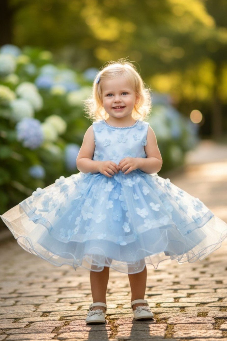 Blue flower girl Dress Front View With Off Shoulder Neckline And Bow Waist.