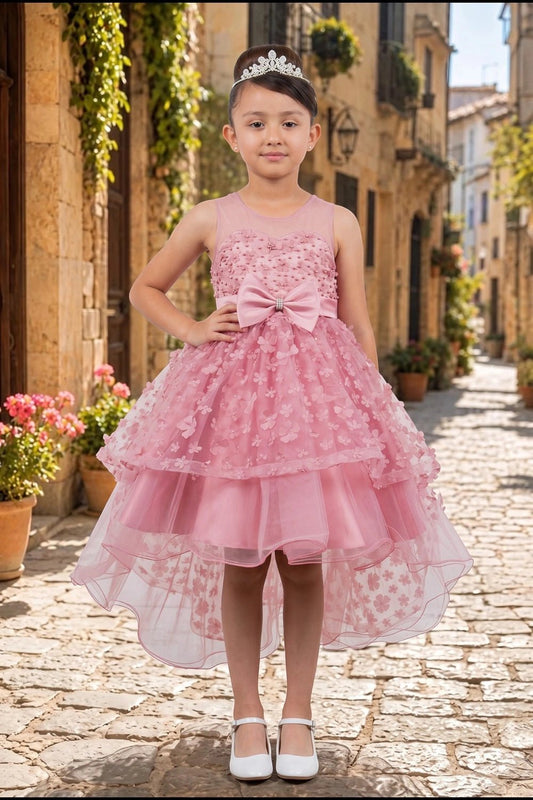 Shown in a front view, the Dusty Pink flower girl dress has sheer neckline and floral high-low skirt with a waist bow.