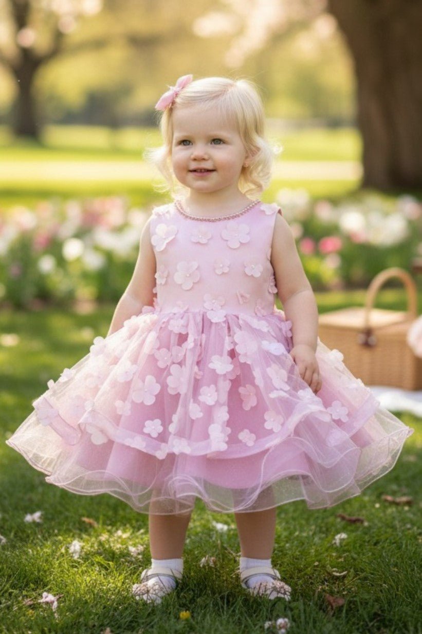 Dusty Rose flower girl Dress Front View With Off Shoulder Neckline And Bow Waist.