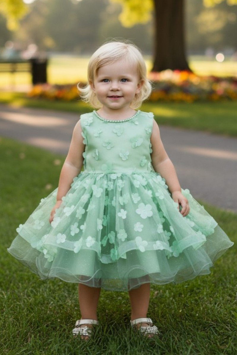 Sage flower girl Dress Front View With Off Shoulder Neckline And Bow Waist.
