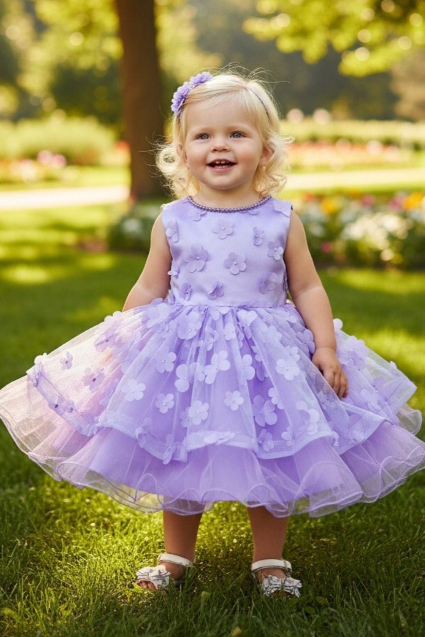Lilac flower girl Dress Front View With Off Shoulder Neckline And Bow Waist.