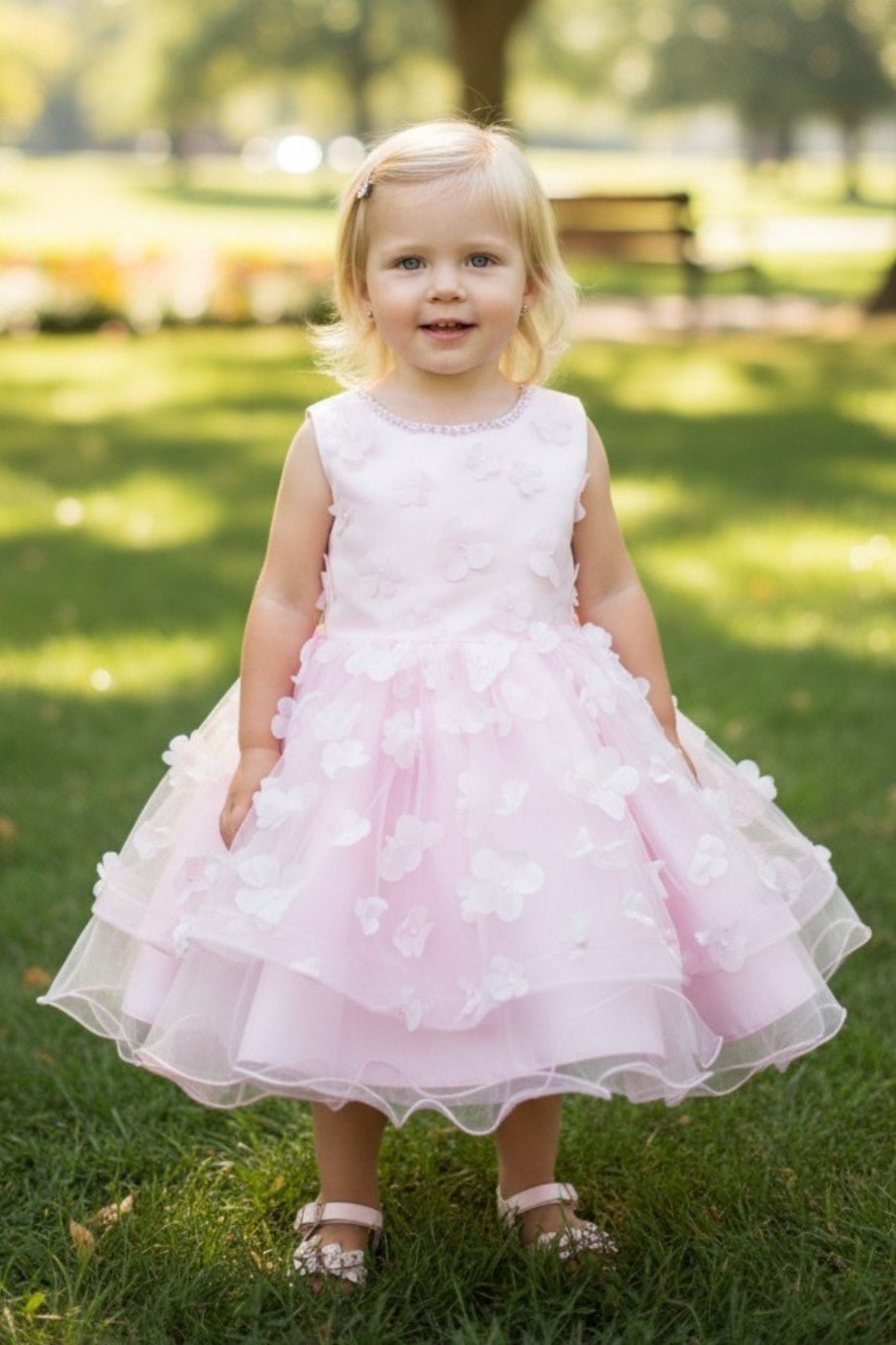 Pink flower girl Dress Front View With Off Shoulder Neckline And Bow Waist.