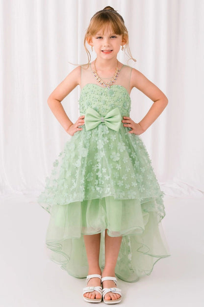 Shown in a front view, the Green (Sage) flower girl dress has floral bodice, waist bow and layered high-low tulle skirt.