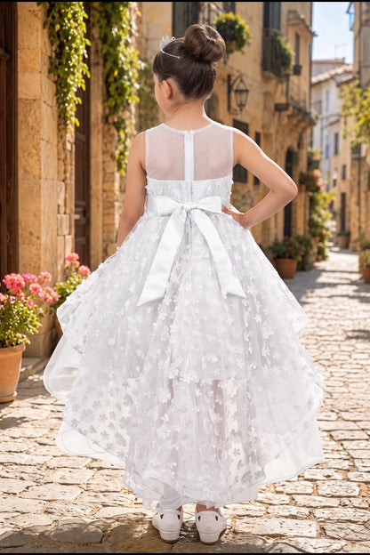 Displayed in a back view, the White flower girl dress has sheer back and satin bow above the floral tulle train.
