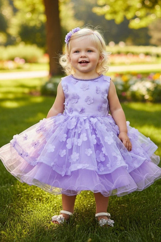 Kid Wearing Lilac Flower Girl Dress Front View With Off Shoulder Neckline And Bow Waist