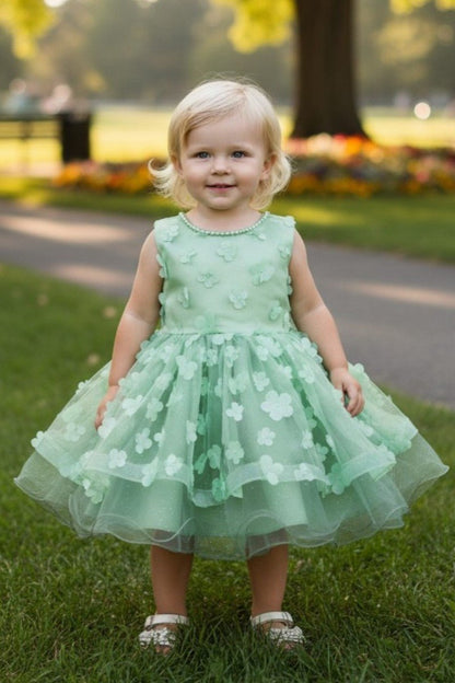 Kid Wearing Sage Flower Girl Dress Front View With Off Shoulder Neckline And Bow Waist