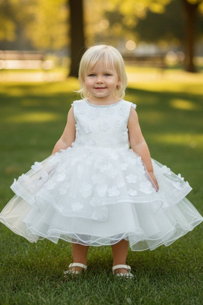 Kid Wearing White Flower Girl Dress Front View With Off Shoulder Neckline And Bow Waist