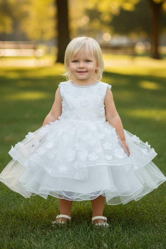 Kid Wearing White Flower Girl Dress Front View With Off Shoulder Neckline And Bow Waist