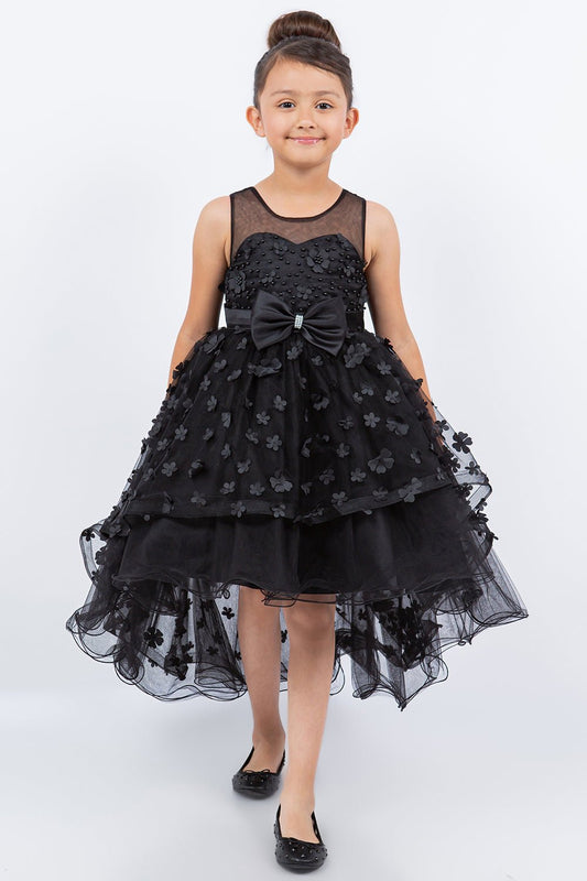 Kid wearing Black flower girl dress front view with illusion bodice and hi-low 3D flower skirt