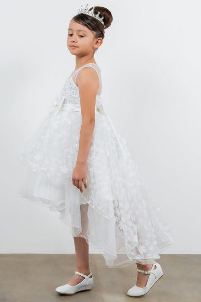 White dress side view highlighting hi-low silhouette and elegant structure