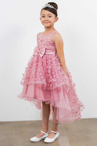 Dusty pink dress side view highlighting hi-low silhouette and elegant structure