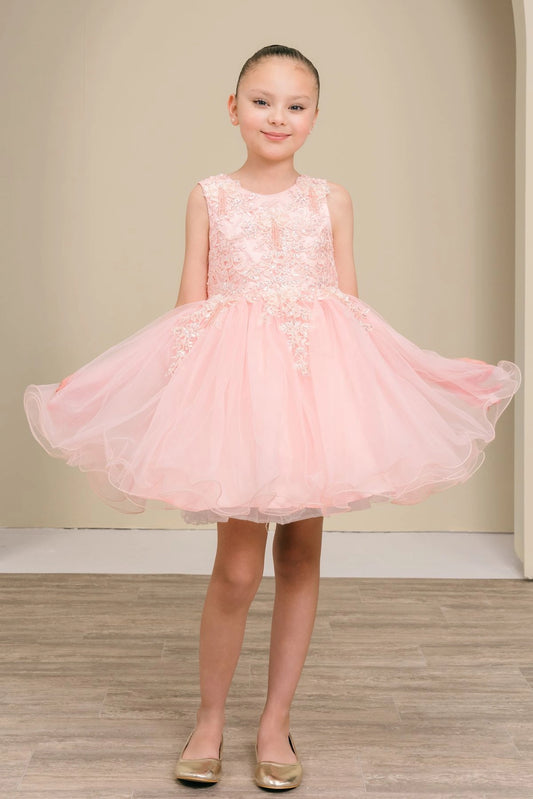 Accented a full tulle skirt adds character to this Blush kids party dress.