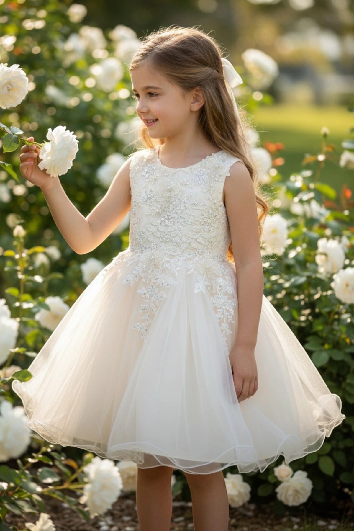Showcasing with floral lace across the bodice, this Champagne kids party dress displays elegant detail.
