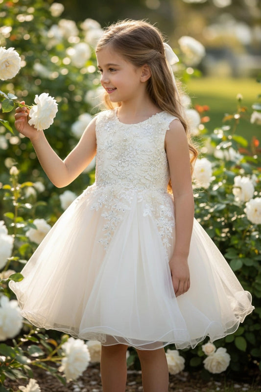 Showcasing with floral lace across the bodice, this Champagne kids party dress displays elegant detail.