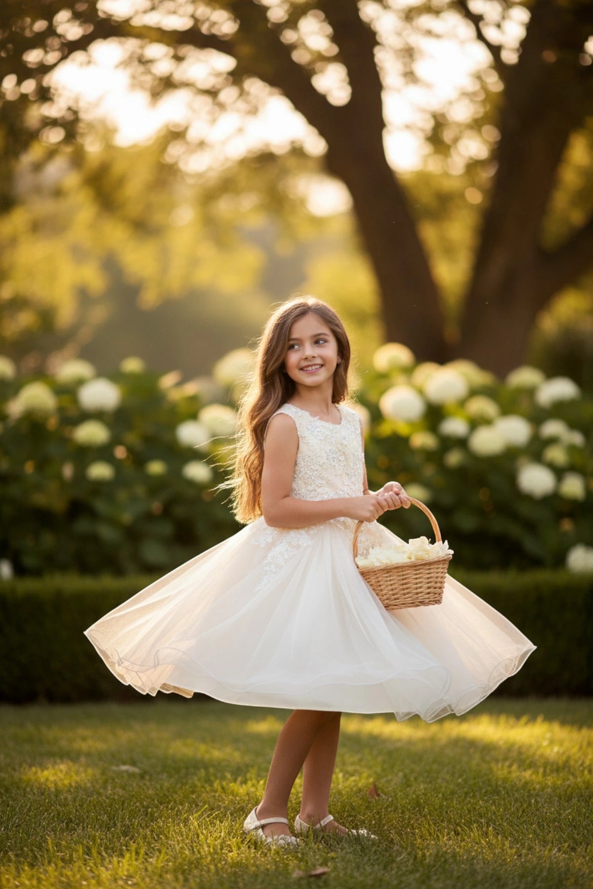 Accented a full tulle skirt adds character to this Champagne kids party dress.