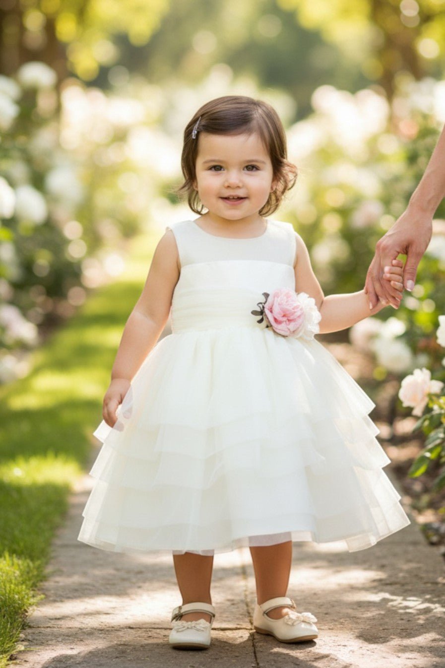 Ivory flower girl Dress Front View With Floral Waist Detail And Layered Tulle Skirt.