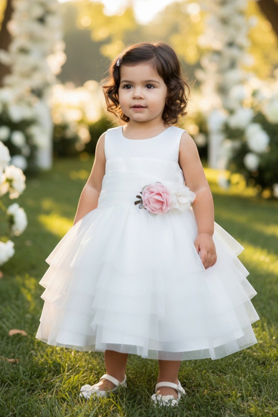 White flower girl Dress Front View With Floral Waist Detail And Layered Tulle Skirt.