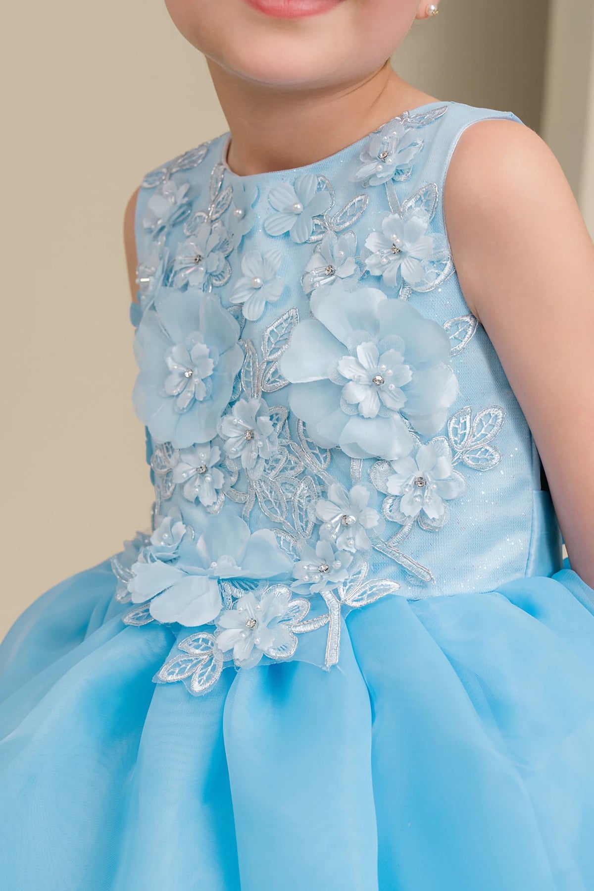 Light blue flower girl dress with floral embroidery.