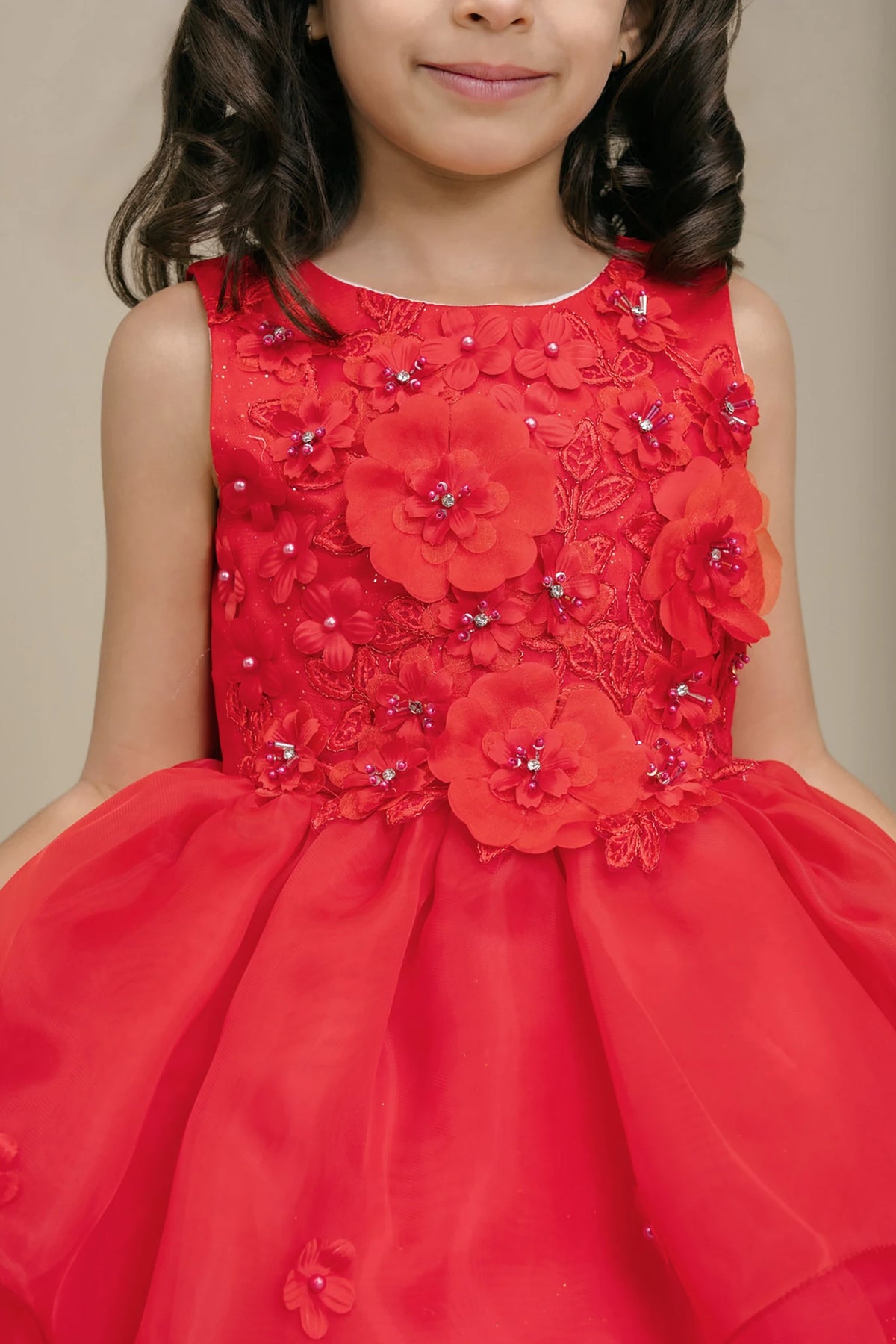 Front view of Red Sleeveless Floral Applique Ruffle Skirt Formal flower girl dress.