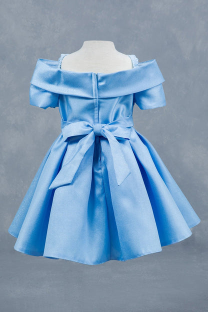 Blue dress back view highlighting elegant fit and classic silhouette