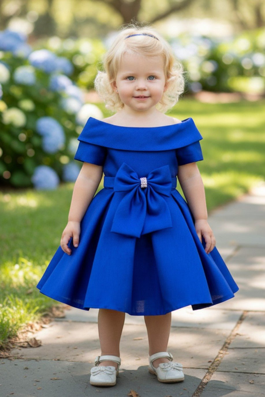 Kid Wearing Royal Flower Girl Dress Front View With Off Shoulder Neckline And Bow Waist