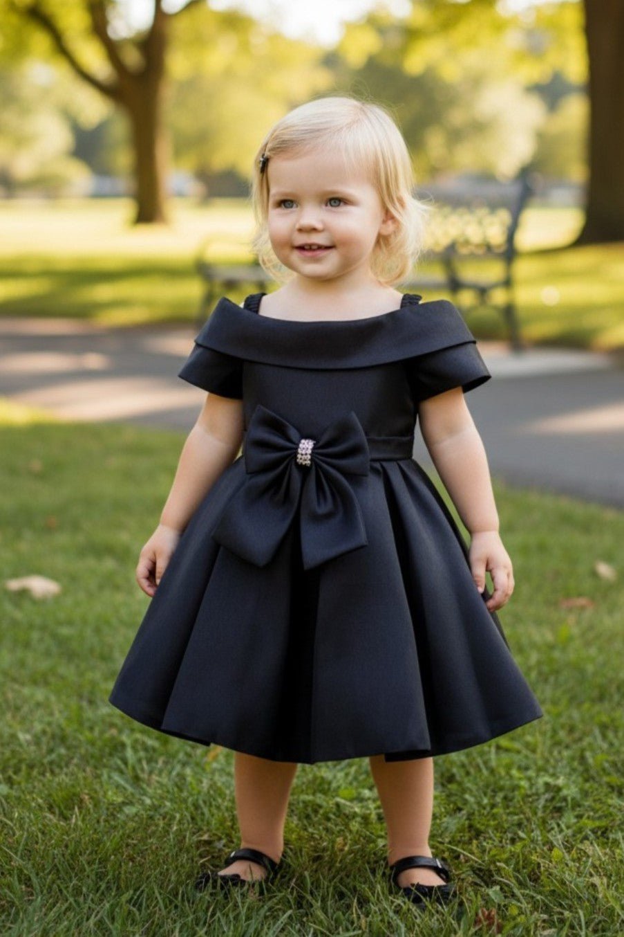 Kid Wearing Black Flower Girl Dress Front View With Off Shoulder Neckline And Bow Waist