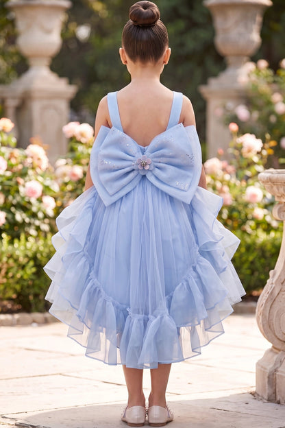 A Blue flower girl dress showing large back bow and ruffled tulle hem.