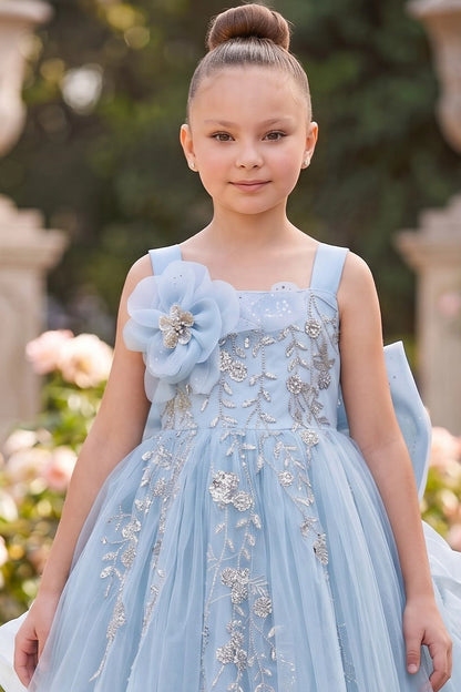 Visible on this Blue flower girl dress: waist embroidery and a large shoulder flower.
