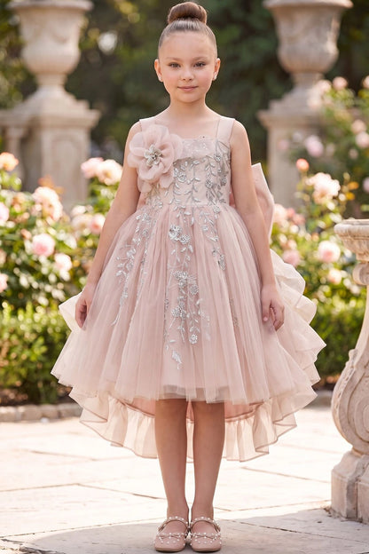 Blush flower girl dress features floral bodice and layered tulle skirt.