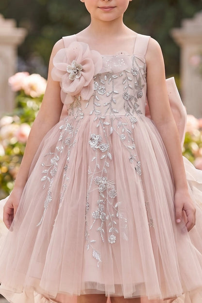 Visible on this Blush flower girl dress: raised shoulder flower beside beaded embroidery.