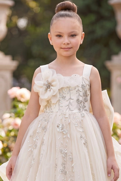 Visible on this Ivory flower girl dress: dimensional shoulder flower beside beaded bodice.