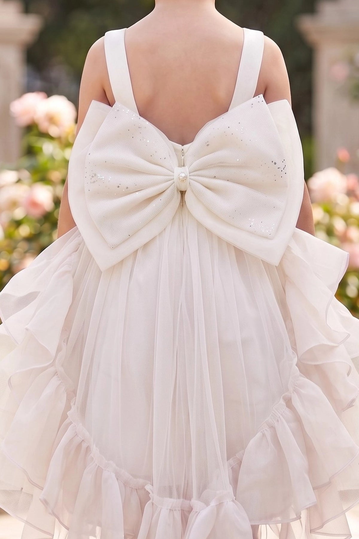 A Ivory flower girl dress showing large satin bow on the open back.