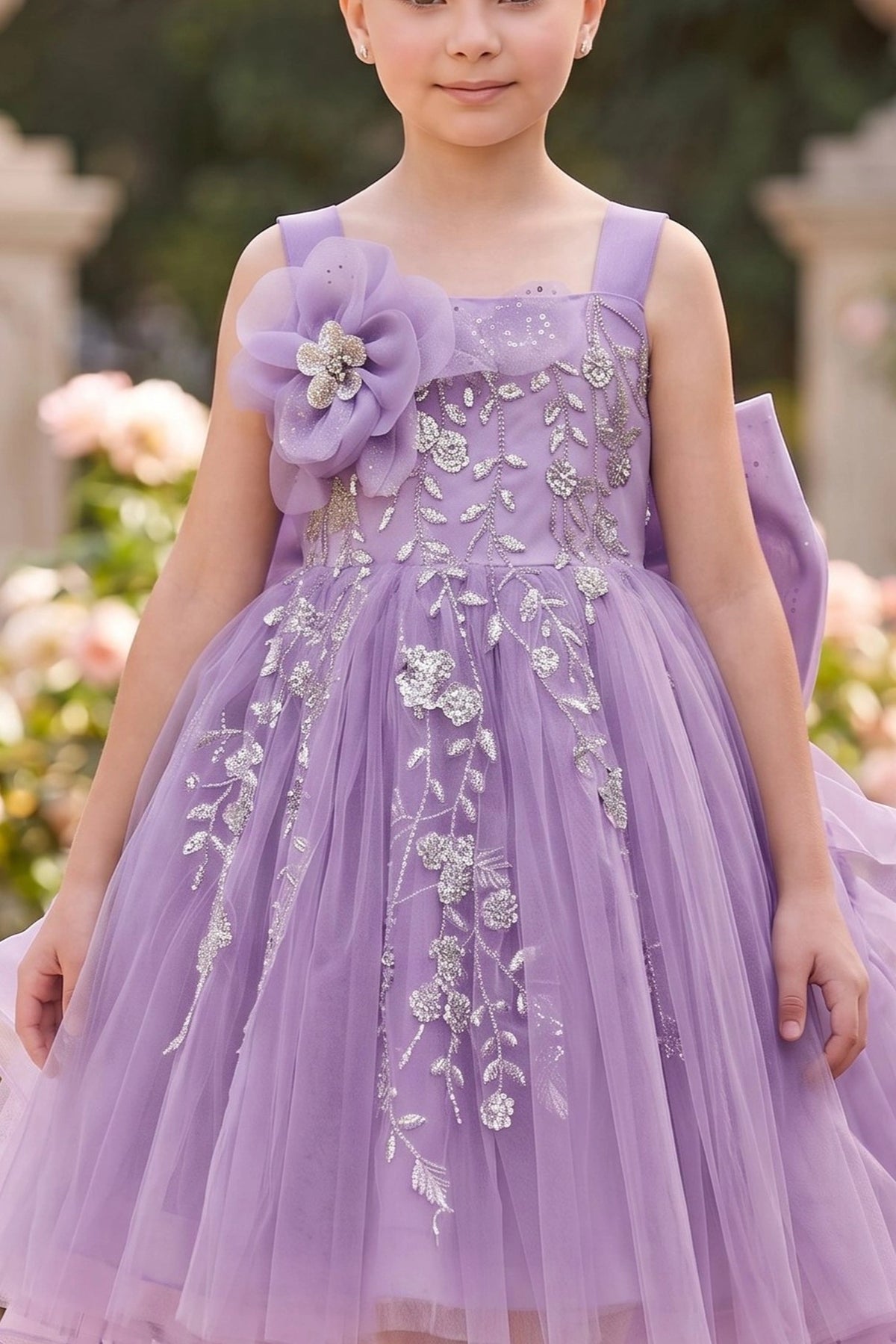 Visible on this Lilac flower girl dress: beaded floral embroidery and shoulder flower.