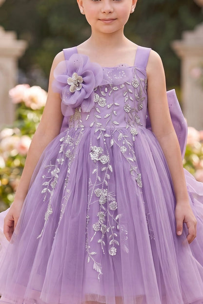 Visible on this Lilac flower girl dress: beaded floral embroidery and shoulder flower.