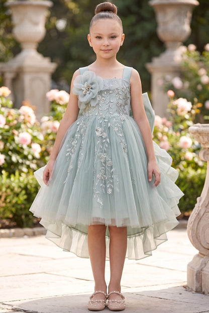 Sage flower girl dress features floral bodice with a layered ruffled hem.
