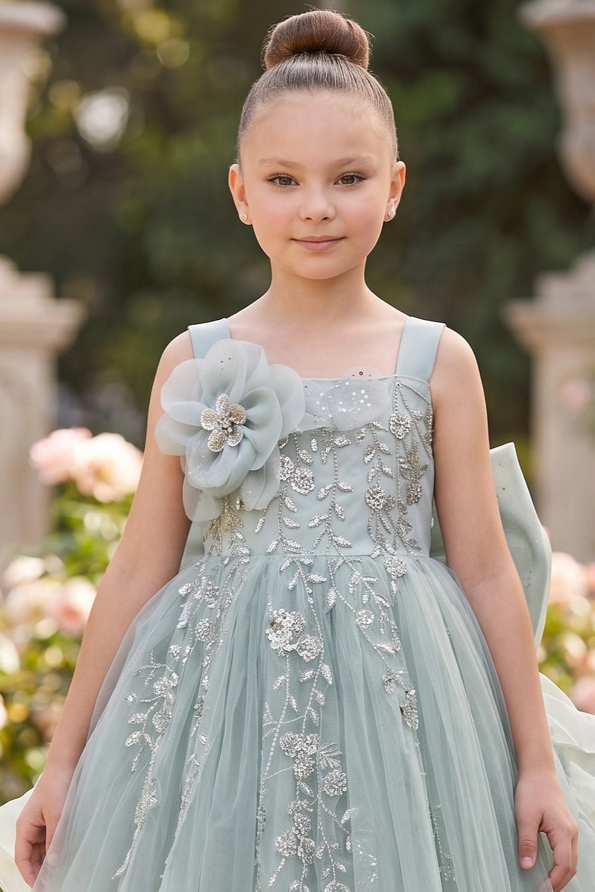 Visible on this Sage flower girl dress: large shoulder flower beside embellished bodice.