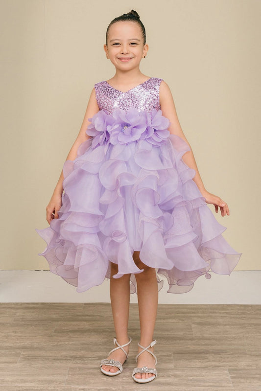 Accented a sequined floral bodice adds character to this Lilac kids party dress.