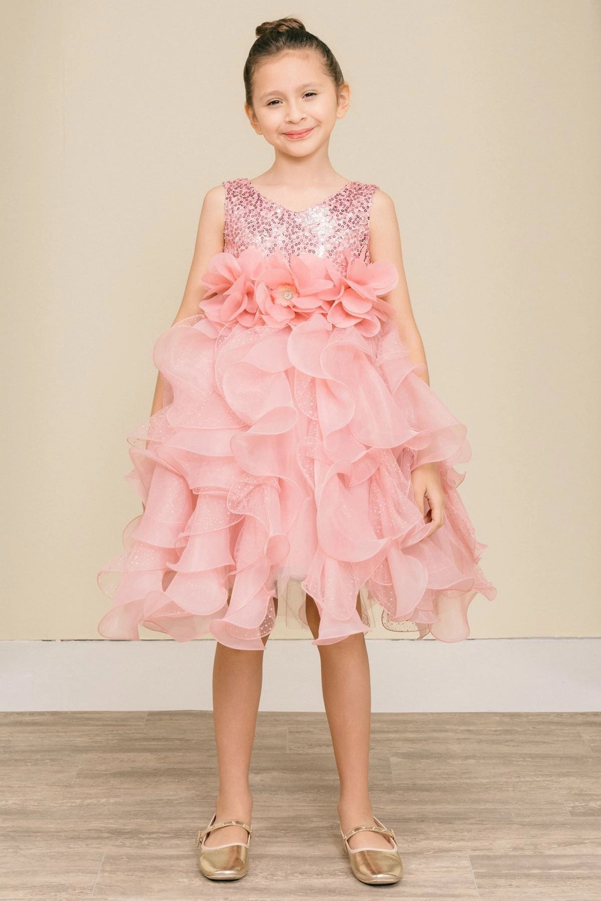 Showcasing with petal-shaped skirt ruffles, this Rose kids party dress displays elegant detail.