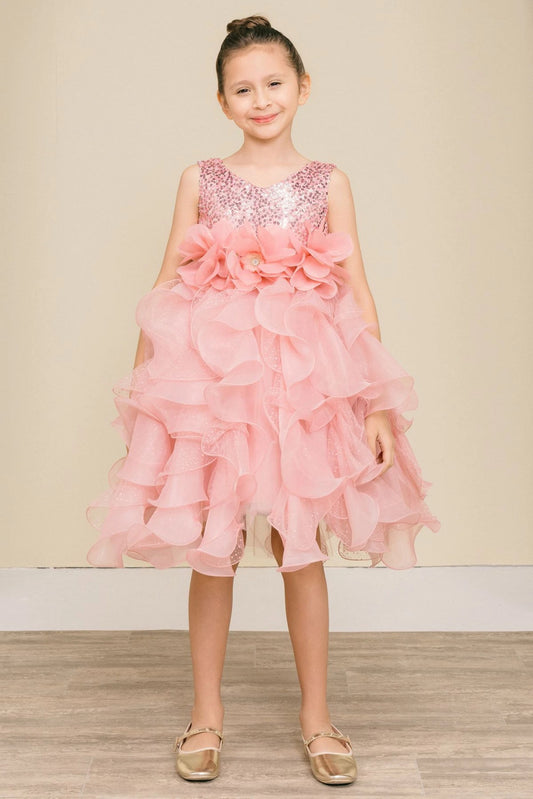 Showcasing with petal-shaped skirt ruffles, this Rose kids party dress displays elegant detail.
