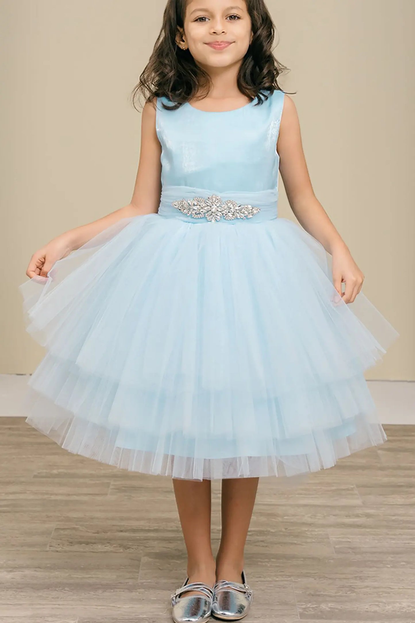 Ligh blue flower girl dress with satin bodice, rhinestone waistband, and layered glitter tulle skirt