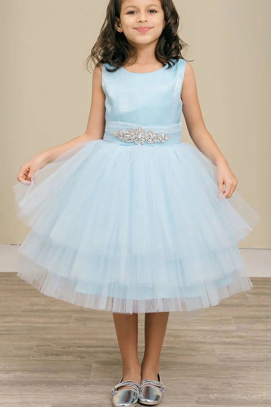 Ligh blue flower girl dress with satin bodice, rhinestone waistband, and layered glitter tulle skirt